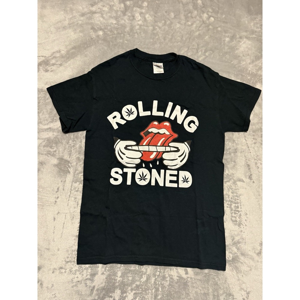 Gildan T-Shirt Mens Small Black Rolling Stoned Funny Cannabis Marijuana 420 Tee